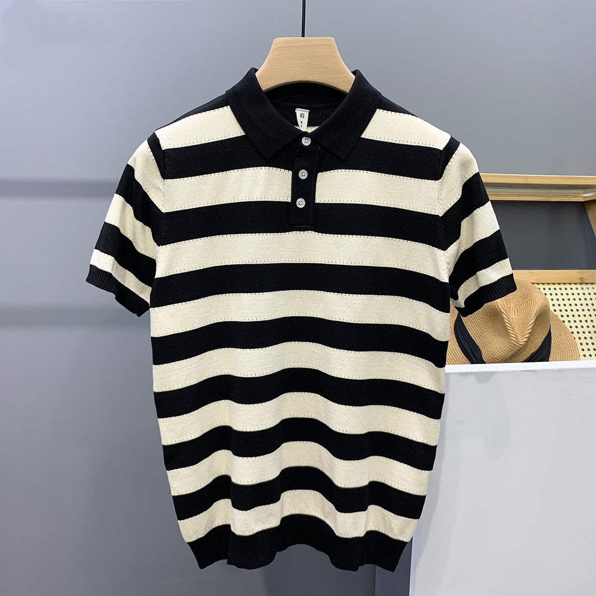 Striped Ice Silk Knitted Polo Shirt Men's Short Sleeve Thin Style Lapel T-shirt Men's Half Sleeve