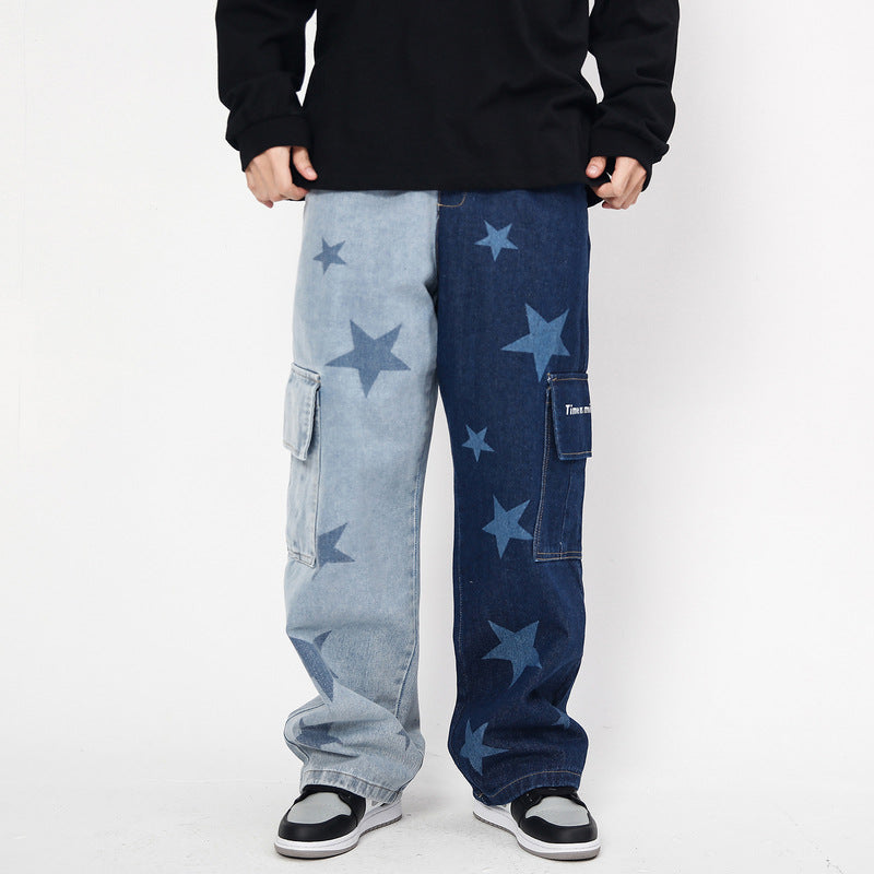 Star Print Two-Tone Multi Pockets Jeans Hip Hop Casual Trousers