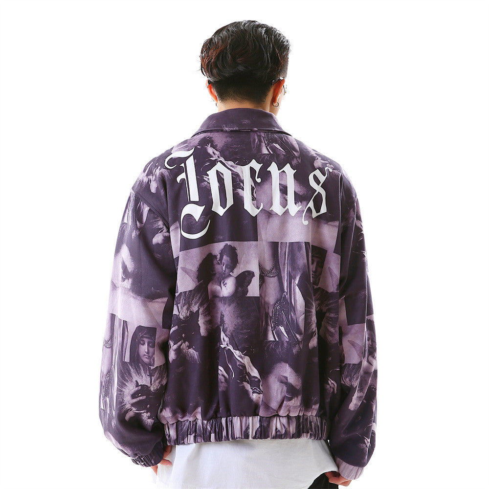 Tide Brand Portrait Full Print Letter Lapel Jacket Men's Loose