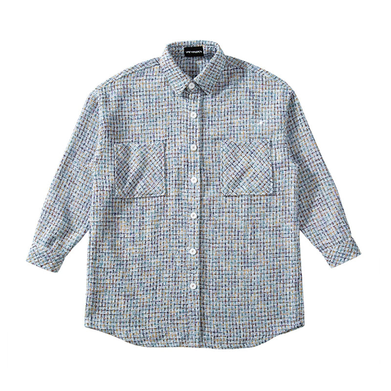 Silver Woven Plaid Men's Shirt Loose Long Sleeves