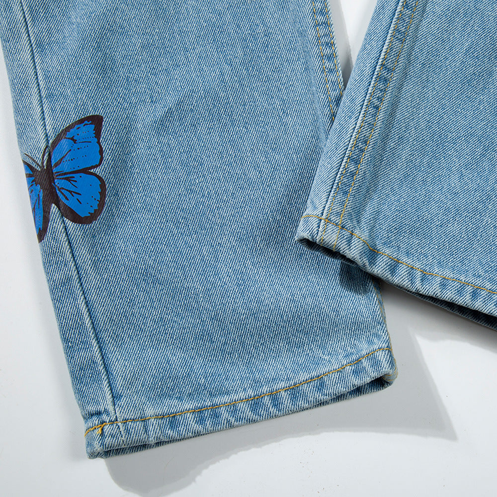 Men's European And American Butterfly Print Washed Jeans