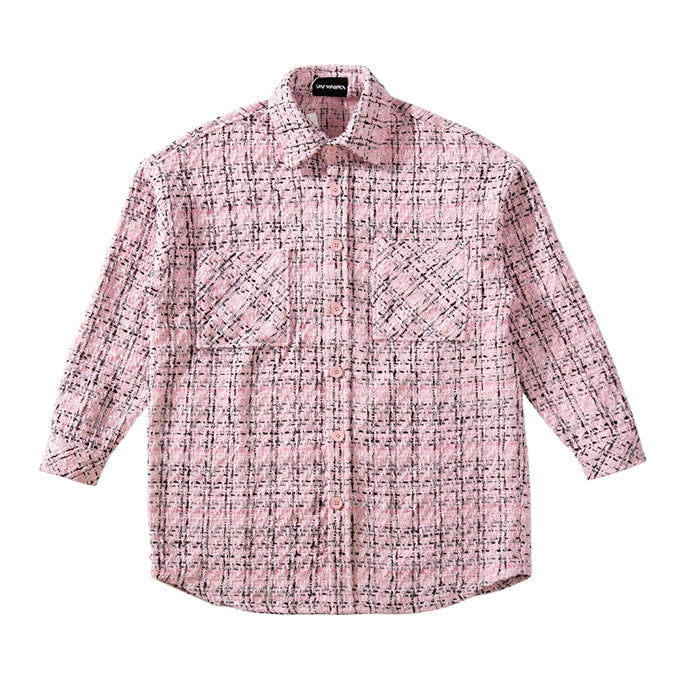 Silver Woven Plaid Men's Shirt Loose Long Sleeves