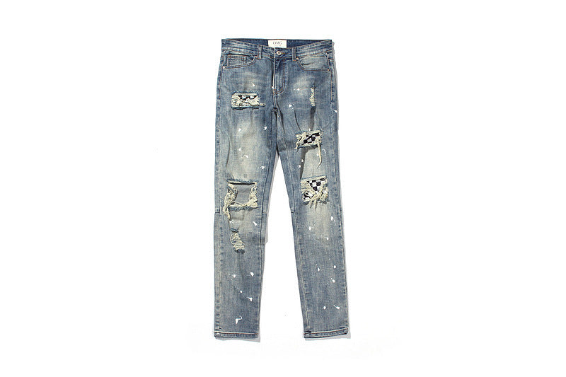 Checkered Checkerboard, Ripped Holes, Slim-Fit Micro-Elastic Jeans