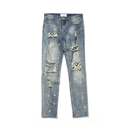 Checkered Checkerboard, Ripped Holes, Slim-Fit Micro-Elastic Jeans