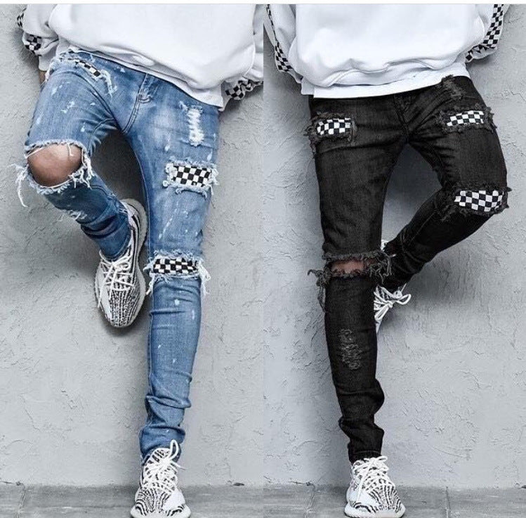 Checkered Checkerboard, Ripped Holes, Slim-Fit Micro-Elastic Jeans