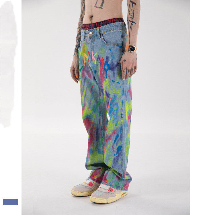 American Hip hop Trendy Brand Color Graffiti Jeans For Men And Women