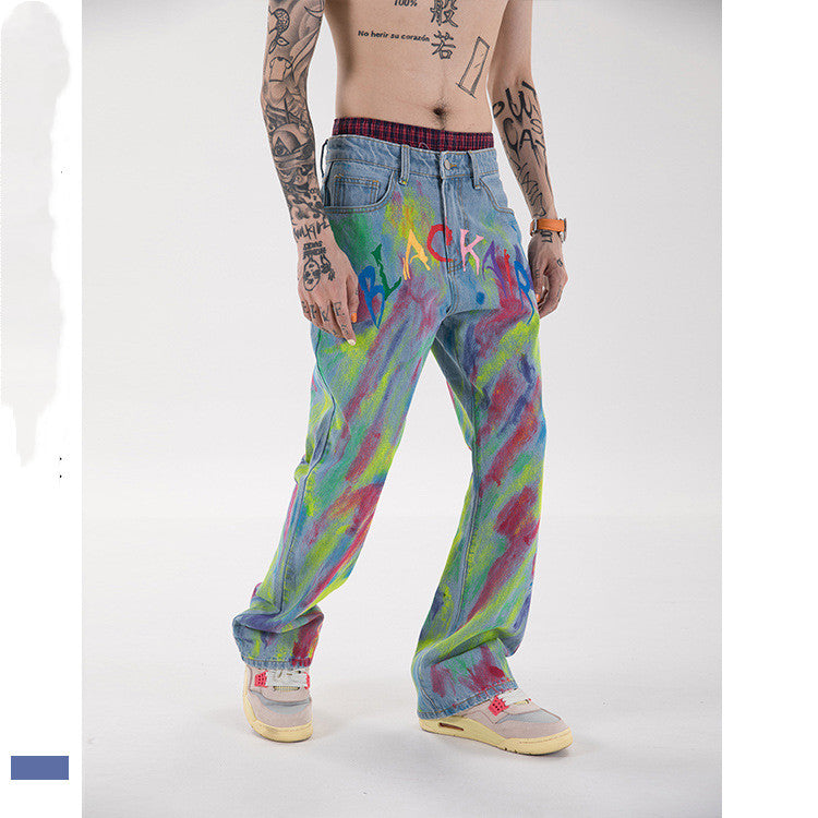 American Hip hop Trendy Brand Color Graffiti Jeans For Men And Women