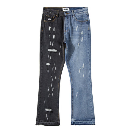 High Street Style Stitching Washed Ripped Flared Jeans