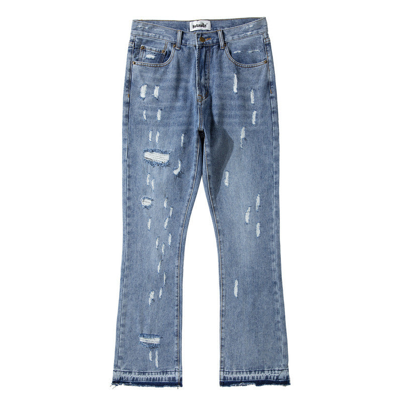 High Street Style Stitching Washed Ripped Flared Jeans