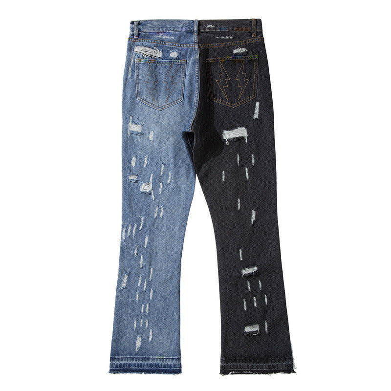 High Street Style Stitching Washed Ripped Flared Jeans