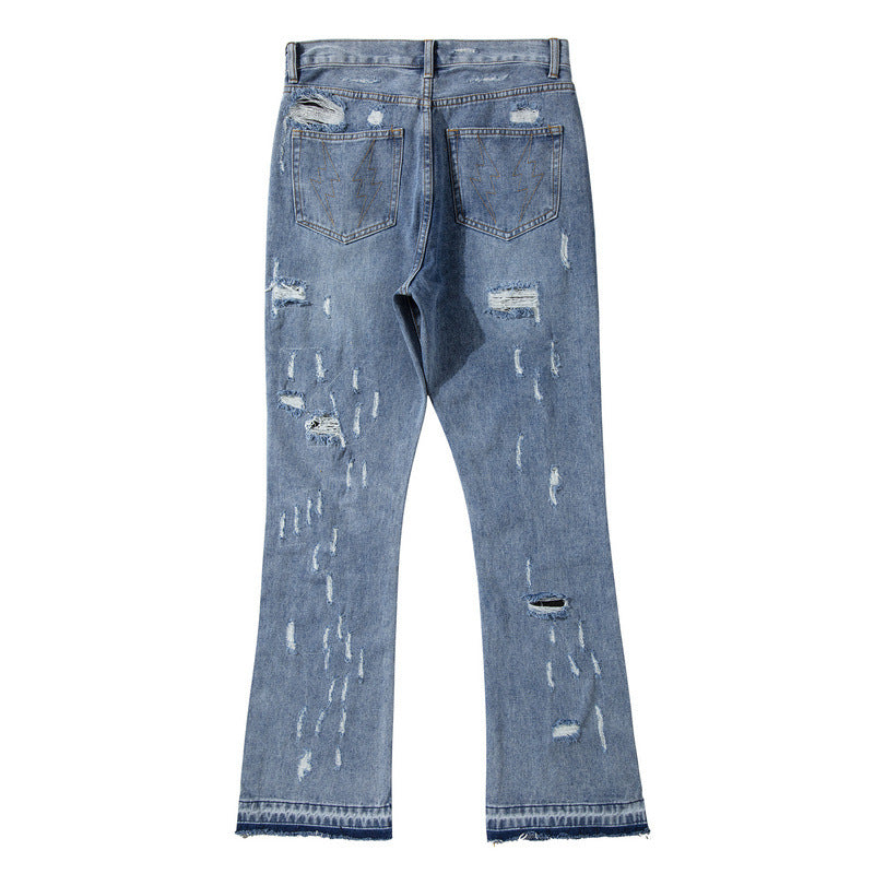 High Street Style Stitching Washed Ripped Flared Jeans