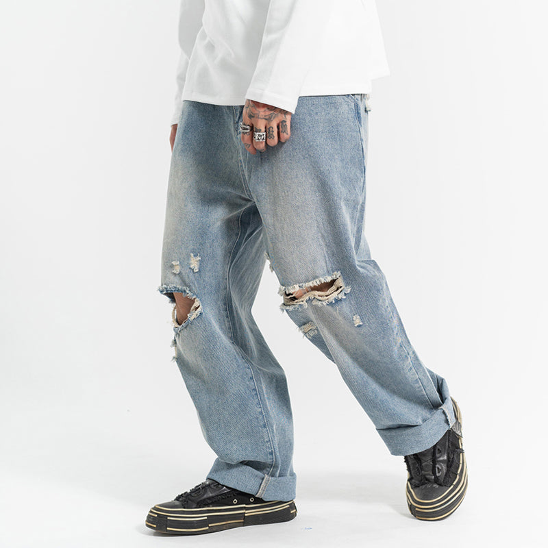 Ripped Casual All-Match Jeans Men'S Straight Wash Water Loose Mopping Daddy Pants