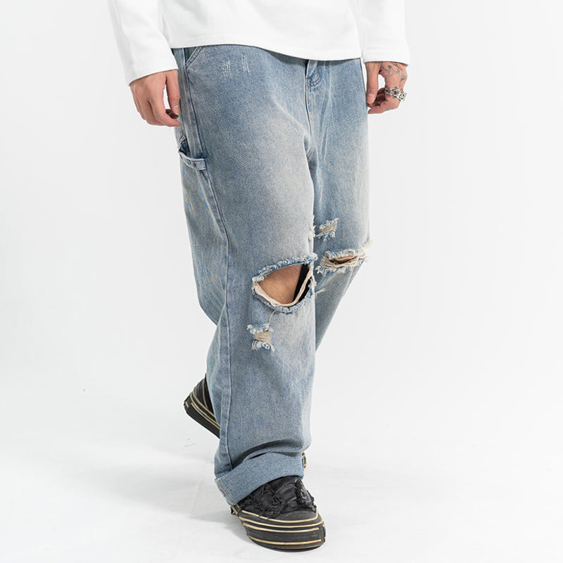 Ripped Casual All-Match Jeans Men'S Straight Wash Water Loose Mopping Daddy Pants