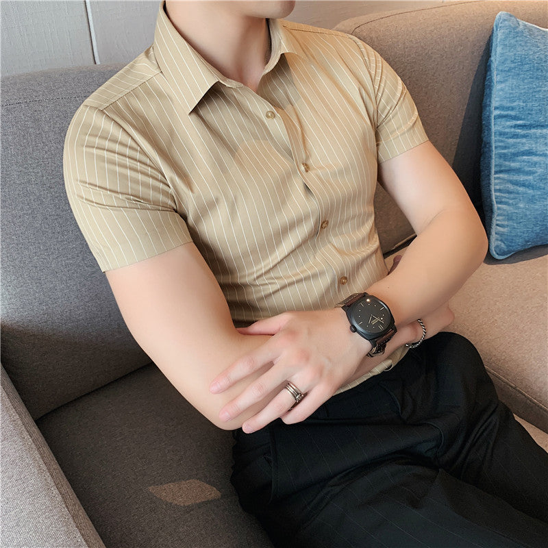 Summer Shirt Silky Business Striped Shirt Men's Thin Short-sleeved Shirt