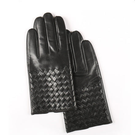 Leather Gloves Winter Men'S Goatskin Hand-Woven Gloves Plus Velvet Thickened Warm And Cold Driving Gift Gloves