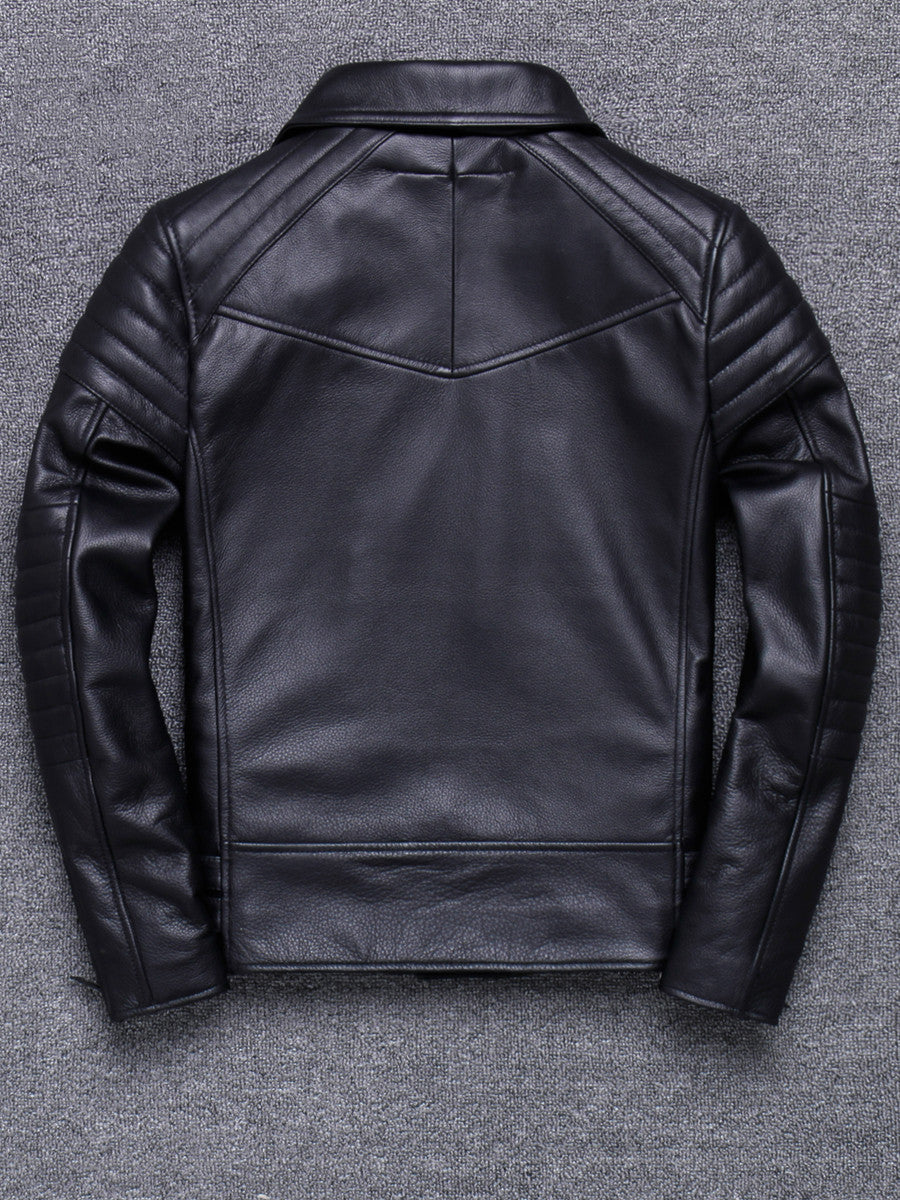 Lapel Diagonal Zipper Top Layer Cowhide Leather Leather Jacket