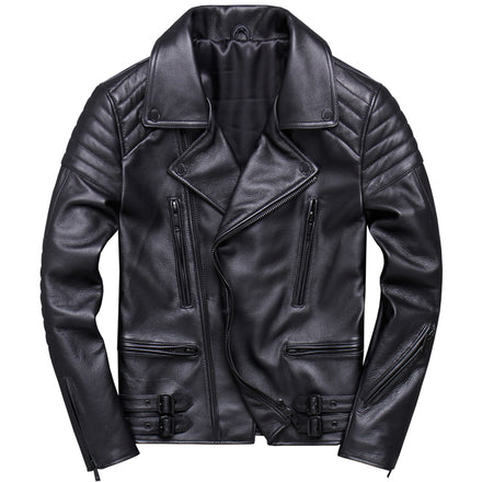 Lapel Diagonal Zipper Top Layer Cowhide Leather Leather Jacket