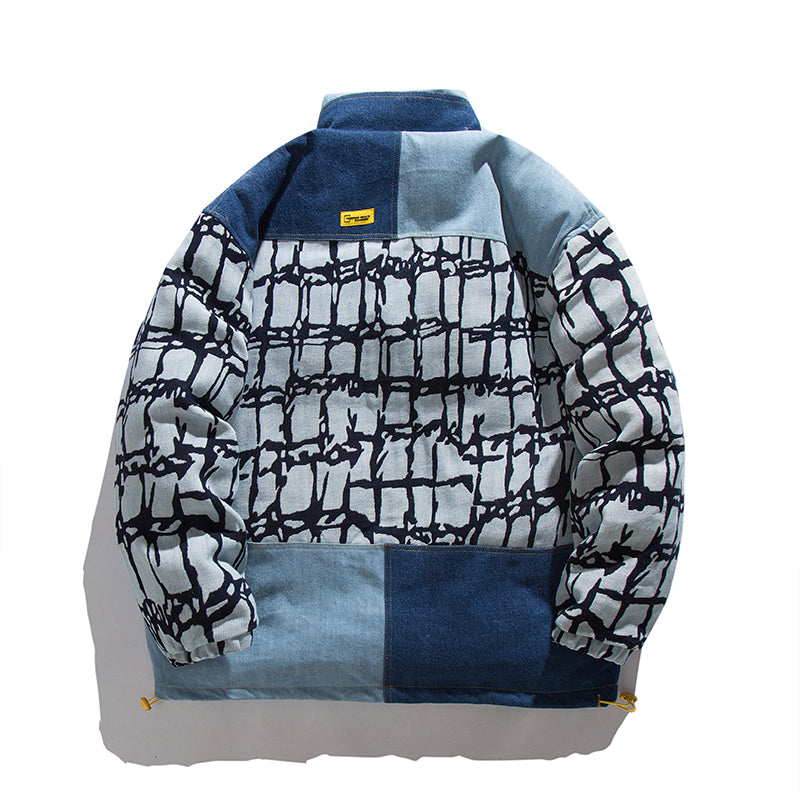 Denim Stitching Embroidered Stand-up Collar Cotton Coat