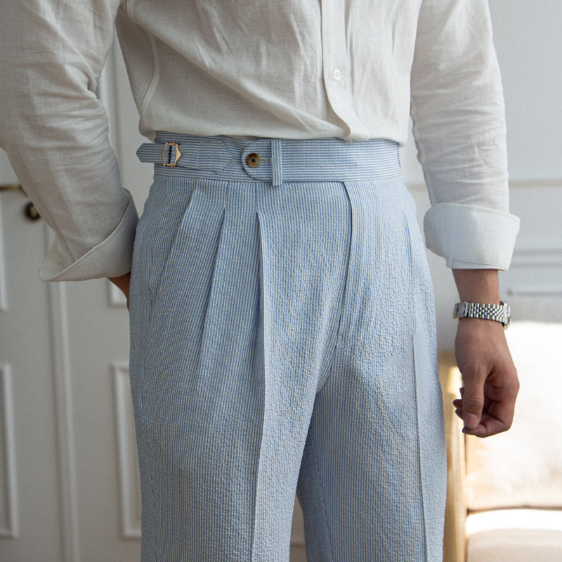 Blue Stripe On Seersucker High Waisted Straight Pants