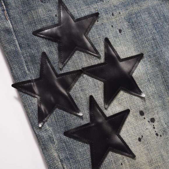 Loose Stitching Yellow Washed Five-pointed Star Leather Pattern Jeans