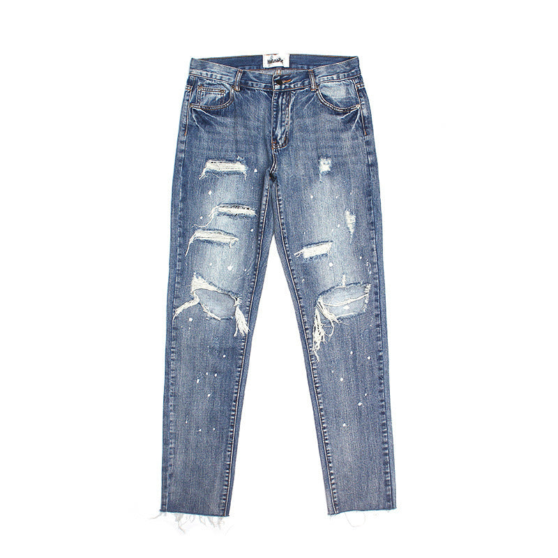 High Street Straight Washed Old Damaged Splash-ink Ripped Jeans