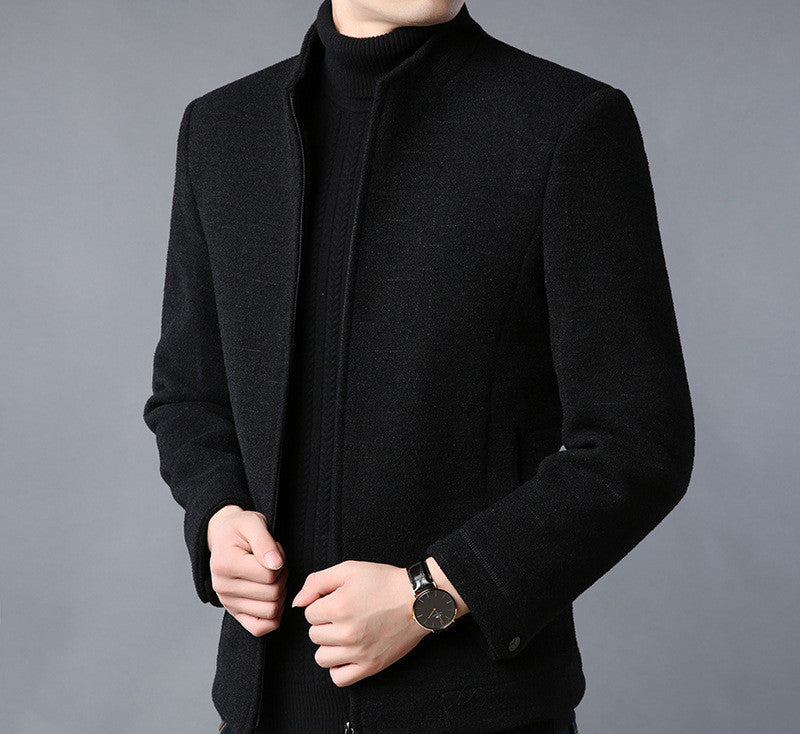 Woollen Middle Aged Thickened Stand Collar Woollen Coat