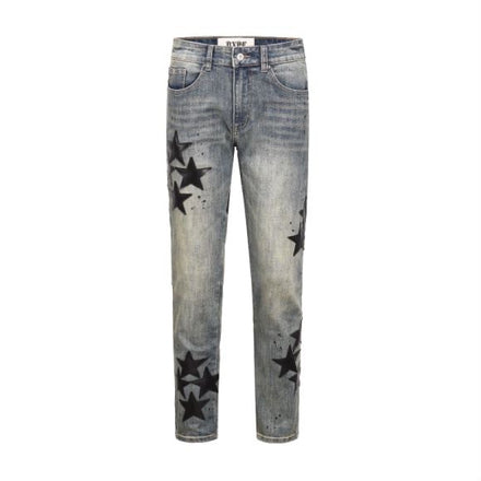 Loose Stitching Yellow Washed Five-pointed Star Leather Pattern Jeans