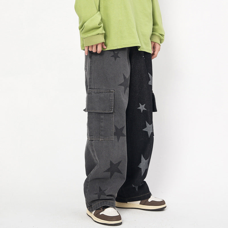 Star Print Two-Tone Multi Pockets Jeans Hip Hop Casual Trousers