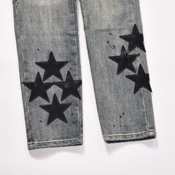 Loose Stitching Yellow Washed Five-pointed Star Leather Pattern Jeans