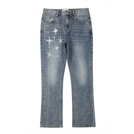 High Street Washed Ink Splattered Ripped Pentagram Zip-Up Jeans