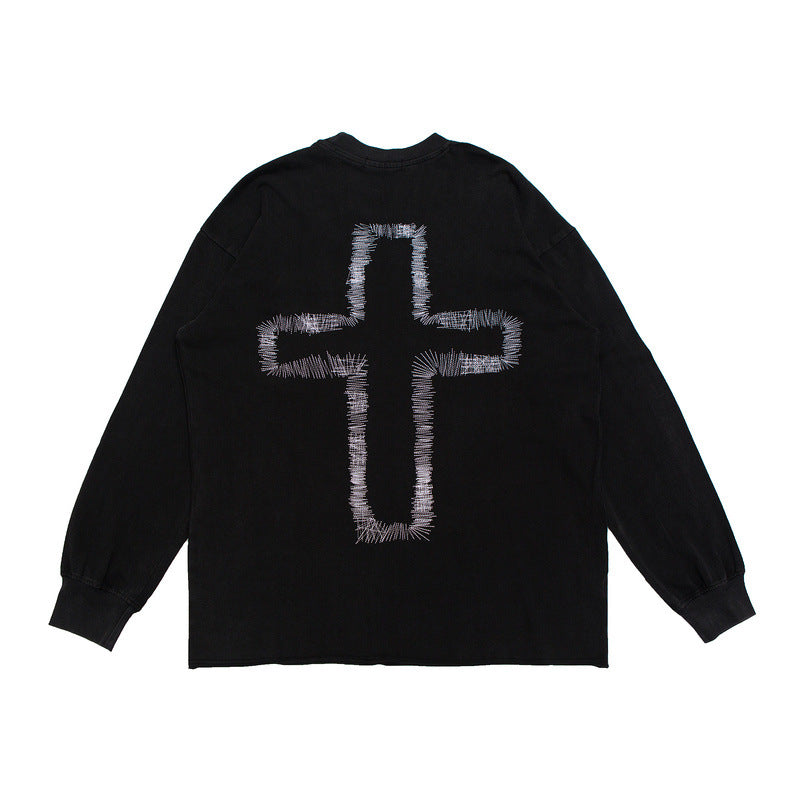 Distressed Cross Stitch Embroidery Long-sleeved Loose Sweater