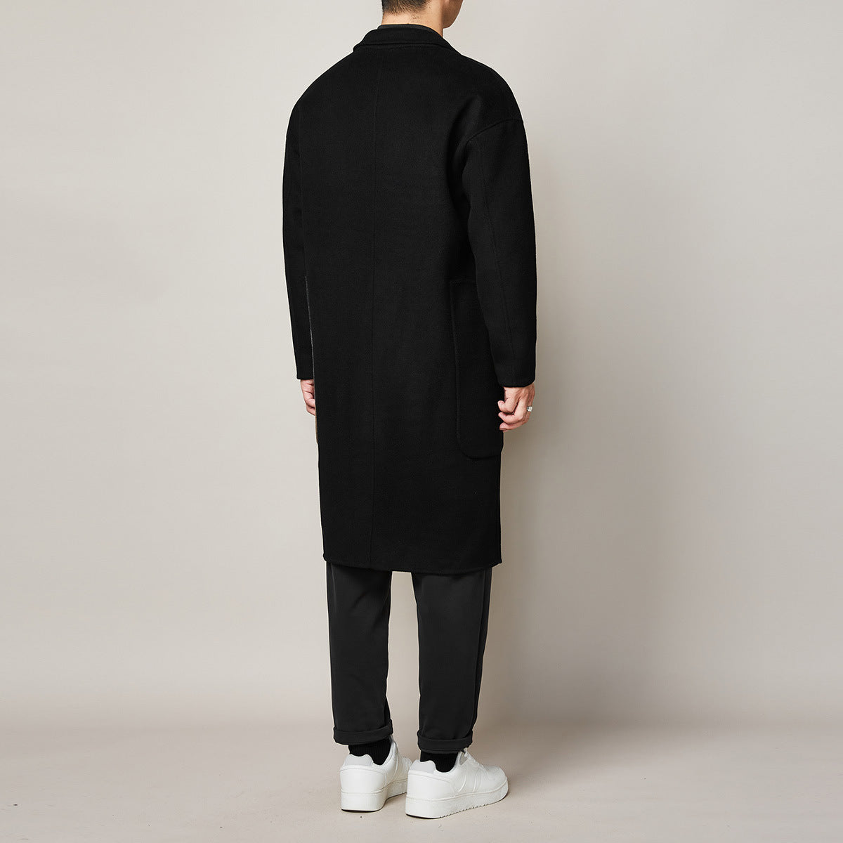 Fashion Men's Color Contrast Stitching Long Woolen Coat