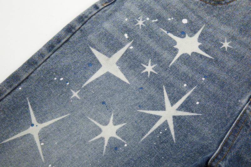 High Street Washed Ink Splattered Ripped Pentagram Zip-Up Jeans