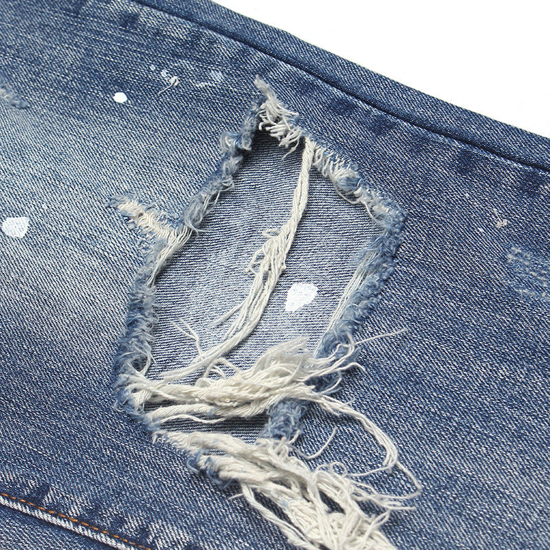 High Street Straight Washed Old Damaged Splash-ink Ripped Jeans