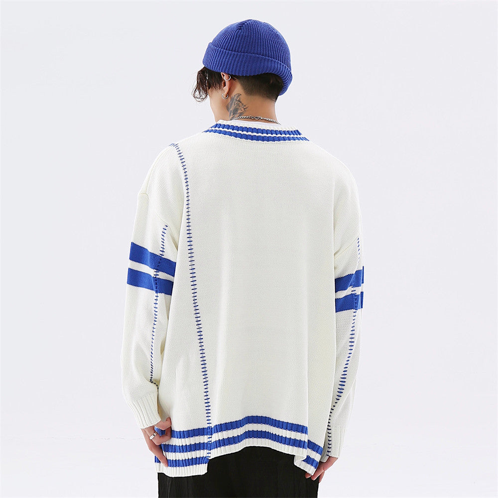 Colorblock Letter Embroidery V-Neck Personality Pullover Sweater For Men