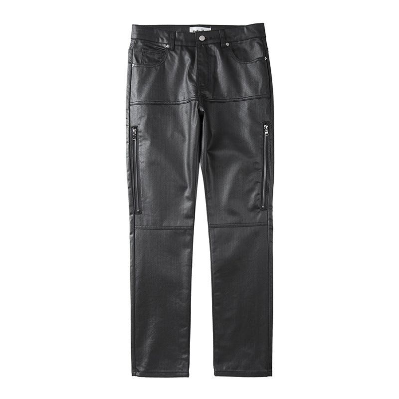 Fashion Casual Men's Straight Zipper Waxed Trousers