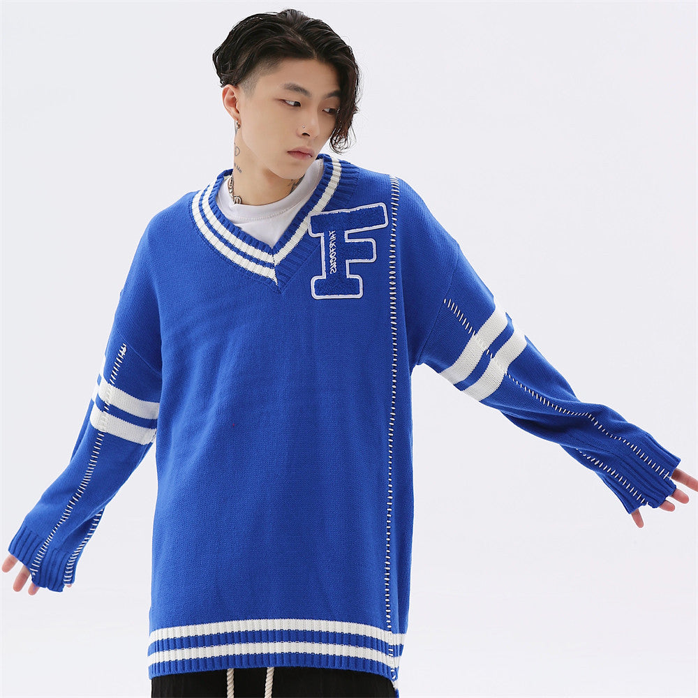 Colorblock Letter Embroidery V-Neck Personality Pullover Sweater For Men