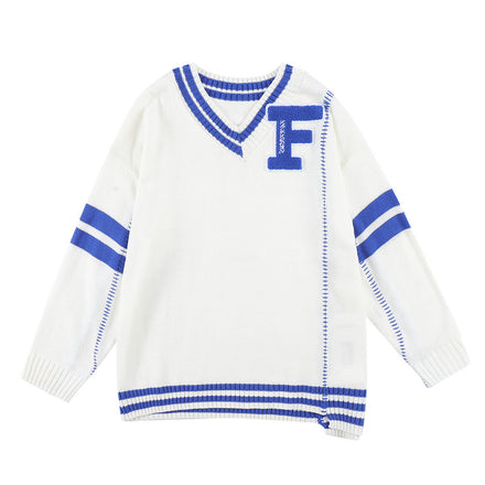 Colorblock Letter Embroidery V-Neck Personality Pullover Sweater For Men