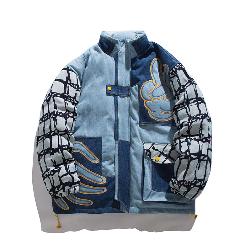 Denim Stitching Embroidered Stand-up Collar Cotton Coat