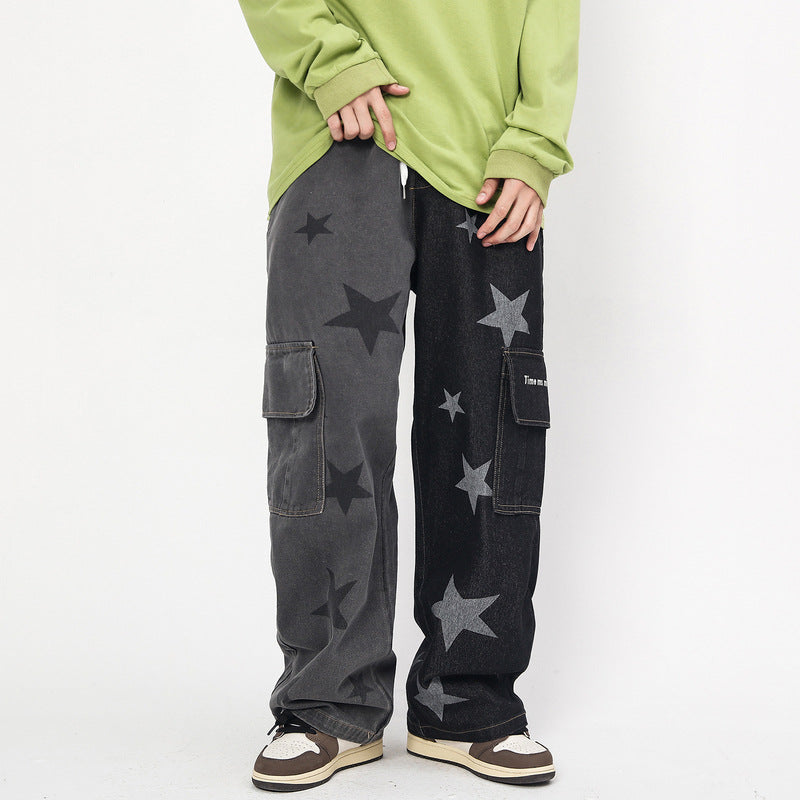 Star Print Two-Tone Multi Pockets Jeans Hip Hop Casual Trousers