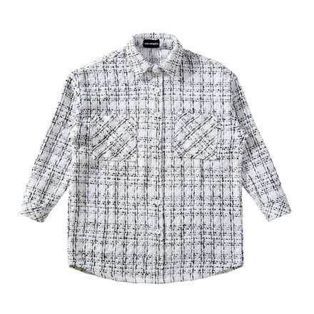 Silver Woven Plaid Men's Shirt Loose Long Sleeves