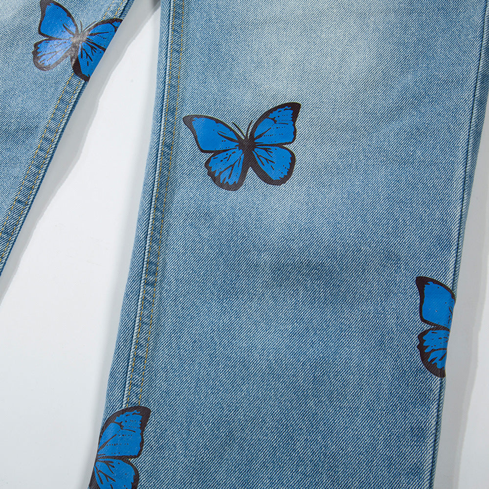 Men's European And American Butterfly Print Washed Jeans