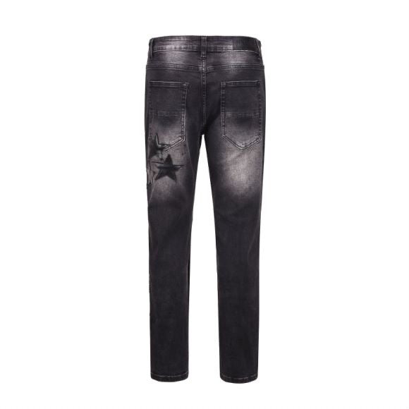 Loose Stitching Yellow Washed Five-pointed Star Leather Pattern Jeans