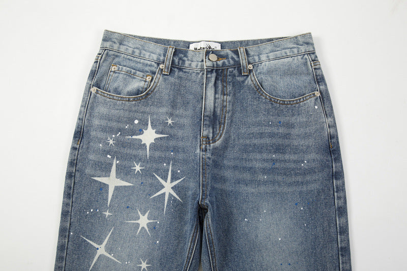 High Street Washed Ink Splashed Pentagram Casual Straight Jeans