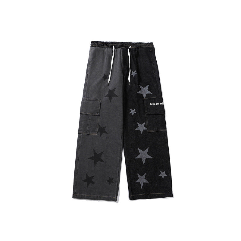 Star Print Two-Tone Multi Pockets Jeans Hip Hop Casual Trousers