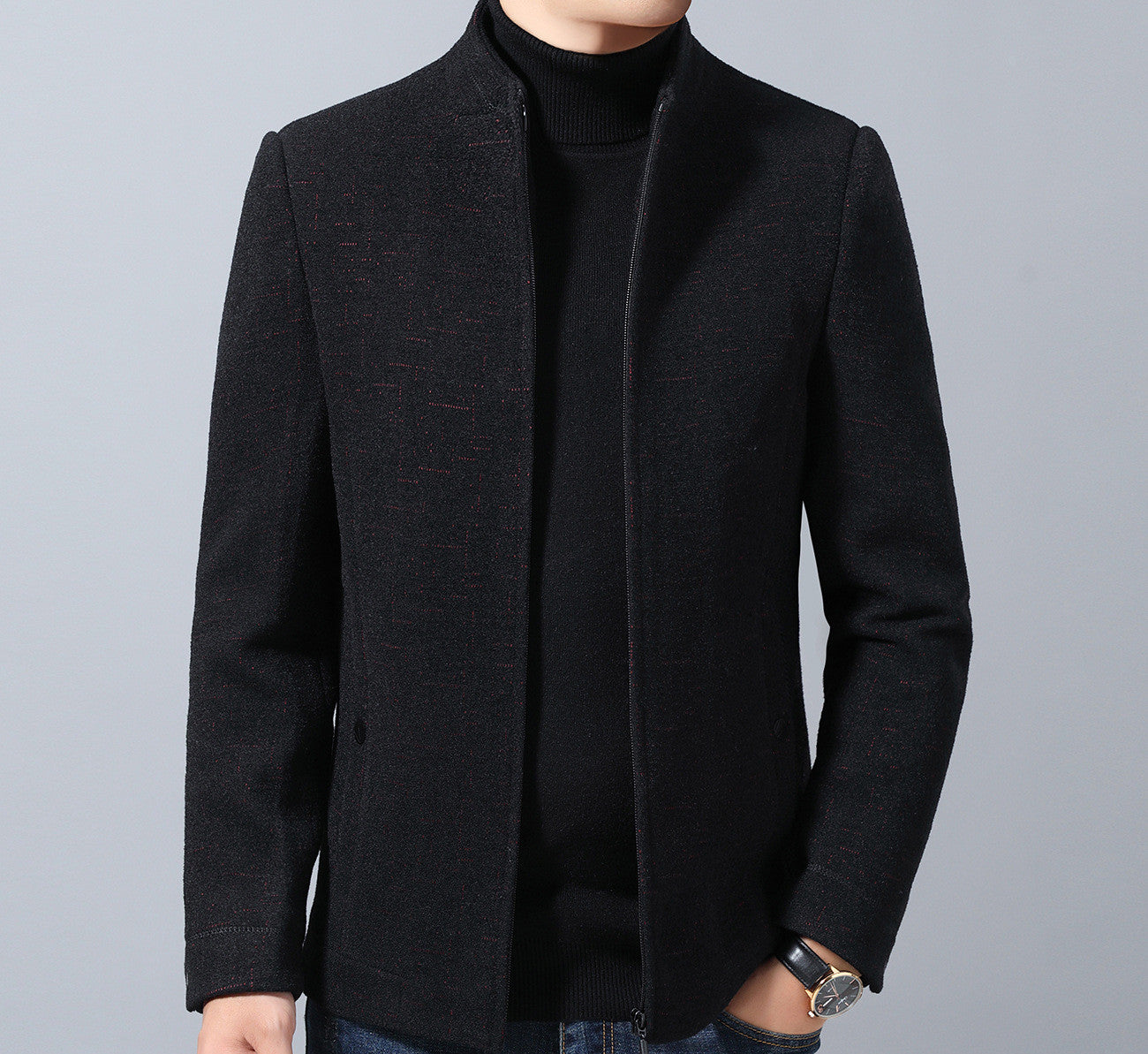 Woollen Middle Aged Thickened Stand Collar Woollen Coat