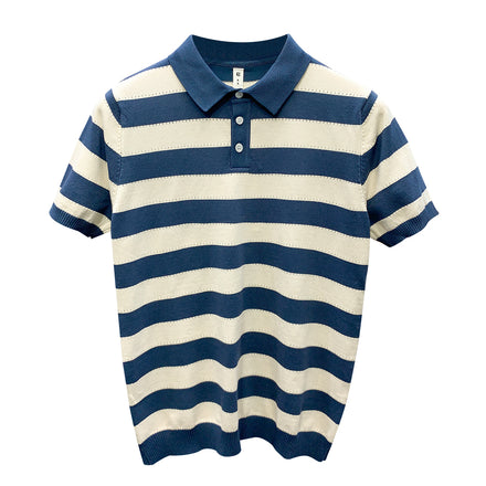 Striped Ice Silk Knitted Polo Shirt Men's Short Sleeve Thin Style Lapel T-shirt Men's Half Sleeve