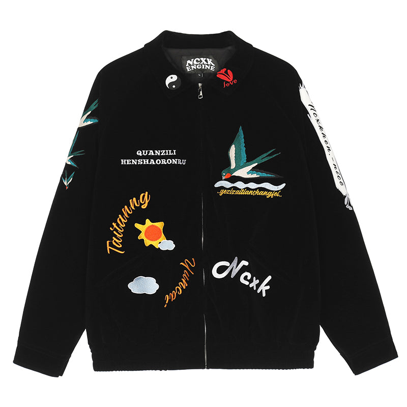 Retro Cartoon Pattern Embroidery Cotton Coat Men Loose