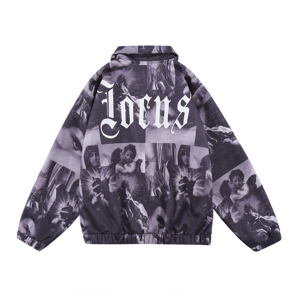 Tide Brand Portrait Full Print Letter Lapel Jacket Men's Loose