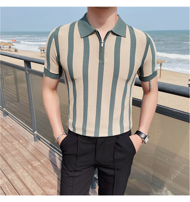 Striped Sweater Casual Fashion British Stretch Lapel T-shirt